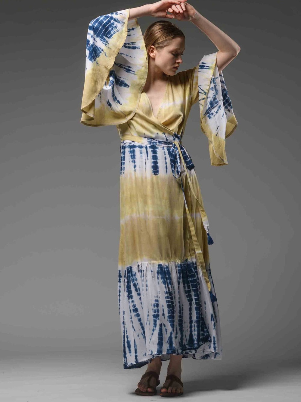 NWT Bohemian Bell Sleeve Yellow & Blue Tie Dye wrap Dress / Kimono Free Size